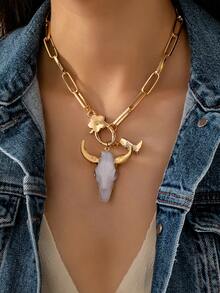 1pc Women's Gold Paperclip Chain Necklace With White Bull Skull Pendant, Western Cowboy Style With Floral Horn Pendant, Vintage Bohemian Jewelry - Bull Head Pendant Necklace - View 1