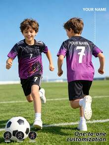 [Customized]Personalized Name Customization Celebrity Style #7 Number 2pcs Boys Girls Casual Soccer Jersey Set -Round Neck-Short Sleeve And Shorts Set- Polyester, Back To School Season Suitable For -Sports -Training And Casual Wear, Outdoor Perfect Choice - Purple - View 2