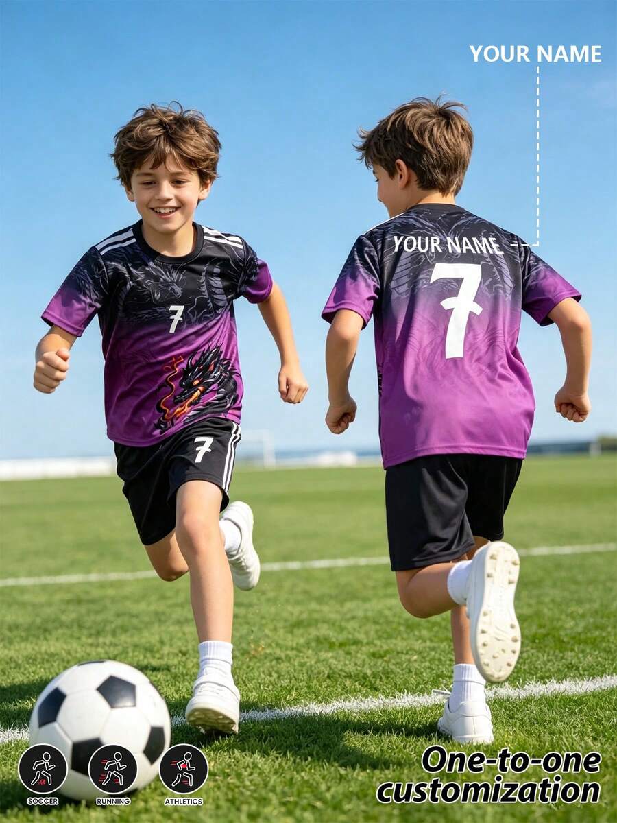 [Customized]Personalized Name Customization Celebrity Style #7 Number 2pcs Boys Girls Casual Soccer Jersey Set -Round Neck-Short Sleeve And Shorts Set- Polyester, Back To School Season Suitable For -Sports -Training And Casual Wear, Outdoor Perfect Choice