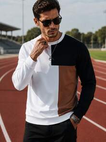 JUNQi Men's Fashion Casual Crew Neck Patchwork Sports Pullover Sweatshirt, Spring/Autumn - Multicolor - View 1