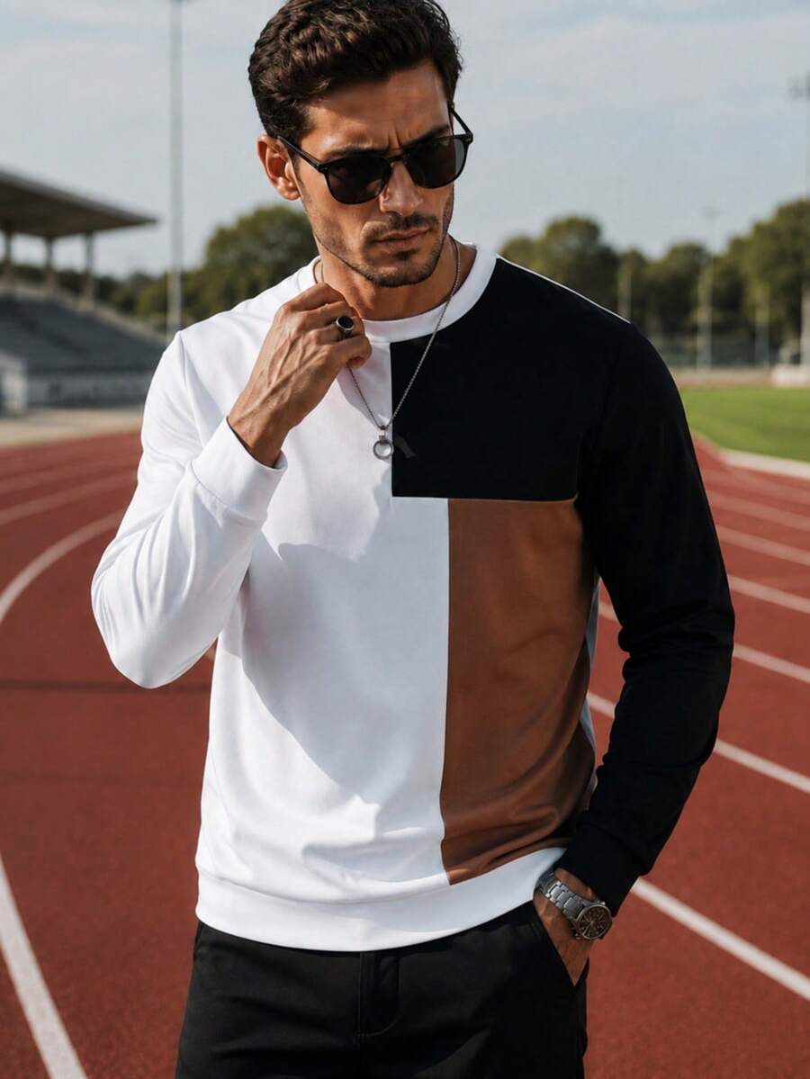 JUNQi Men's Fashion Casual Crew Neck Patchwork Sports Pullover Sweatshirt, Spring/Autumn - Multicolor - View 1