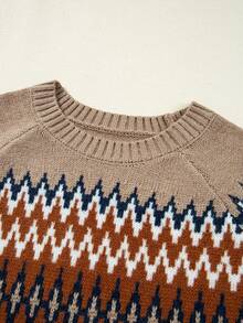Acelitt Autumn/Winter Vintage Fair Isle Geometric Jacquard Round Neck Raglan Sleeve Loose Long Sleeve Knit Sweater, Suitable For Daily, Holiday, Outdoor Wear - Khaki - View 5