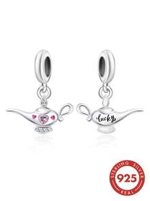 1pc S925 Sterling Silver Magic Lamp Pendant With Pink Zirconia Heart & Rhinestones, Large Hole, DIY Bracelet Charm, Fairy Tale Style Silver Accessory - Silver - View 2