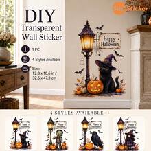 1Sheet Vintage Halloween Street Lamp Wall Decor Stickers Spooky Ghost Pumpkin Black Cat Removable PVC Whimsical Farmhouse Decals For Halloween Indoor Home Decor Fall Room Decor - Halloween Wall Decals - View 1