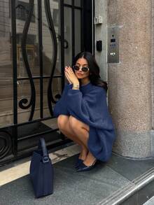 Plus Size Women Solid Crew Neck Pullover, Casual Elegant Long Sleeve Sweater, Autumn Winter Outfit For Daily Commute Date - Navy Blue - View 3