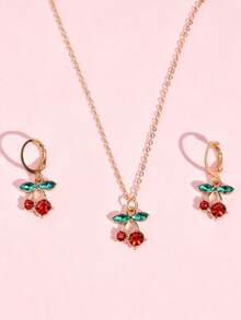 3pcs/Set Cute Cherry Rhinestone Jewelry Set Fashion Necklace Earrings Girls Daily Accessories Party Small Gift - one-size - View 5
