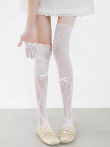 1 Pair Sweet Cool Y2K Hot Girl Style Over-The-Knee Socks, Contrast Lace Bow Long Tube Socks, Sexy Black Sheer Socks - Multicolor - View 5