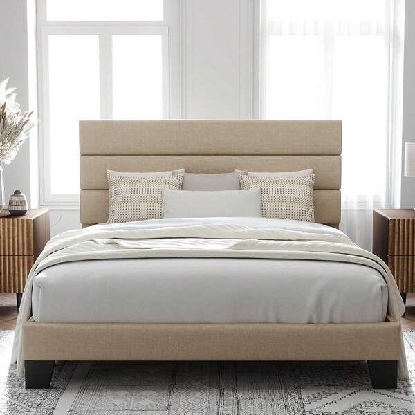 Marco de cama de plataforma de tamaño matrimonial con cabecera tapizada de tela y soporte de listones de madera, base de colchón totalmente tapizada, no necesita somier, fácil montaje, color beige