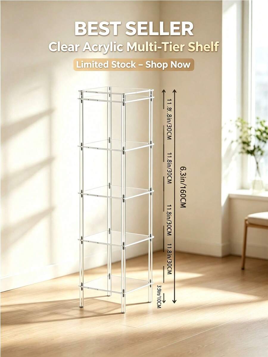 Transparent Acrylic 6-Tier Corner Storage Rack, Multi-Size Tall Floor Display Stand, Square Transparent Organizer Shelf, Suitable For Bathroom, Bedroom, Living Room - Multicolor - View 1