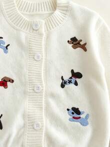 Cárdigan de punto con bordado de cachorro nuevo de otoño para niñas, chaqueta de punto de dibujos animados versátil y elegante para niños pequeños - Blanco - Ver 4