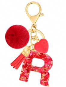Cute Initial Red Heart Gold Foil Stone Tassel Pom Pom Keychain Resin Drip Glue Minimalist Personalized Key Chain For Women Bags Daily Wear And Gift - Red - View 18