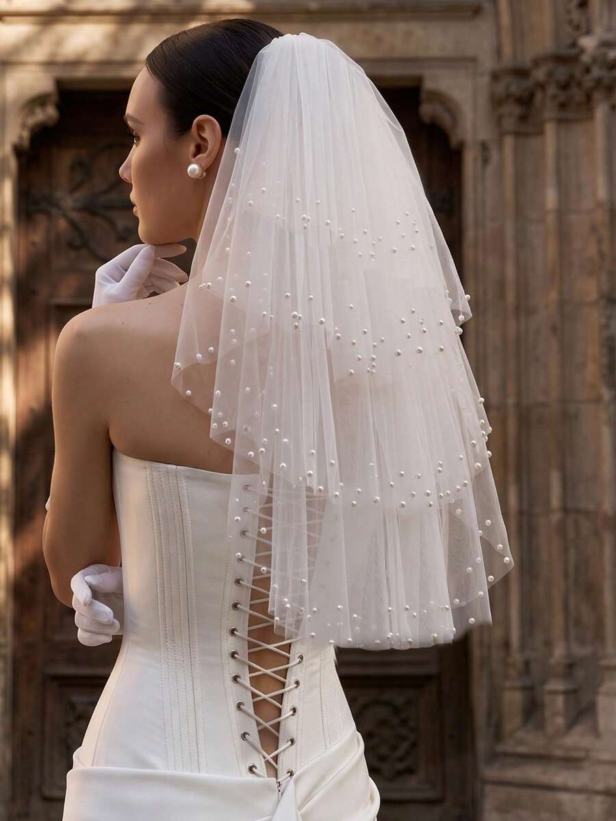4-Layer Pearl Beaded Bridal Veil, Fluffy 3D Soft Tulle Wedding Veil With Hair Comb, Elegant Short Bridal Accessory