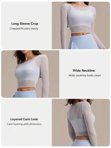 Women's Pilates 2 Pieces Set, Refreshing Sexy Mesh Floral Trim Fitness Long Sleeve Top - Baby Blue - View 3