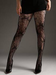 1 Pair Curve Tights Elastic Fishnet Hollow-Out Jacquard Pantyhose Women's Fashion Sexy Black Stockings Vintage Gothic Style Versatile Leggings Halloween Outfit Y2K - Black - View 3
