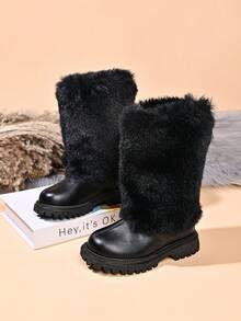 Children's Fashion New Long Fur Trim Soft Leather Boots - Black - View 6