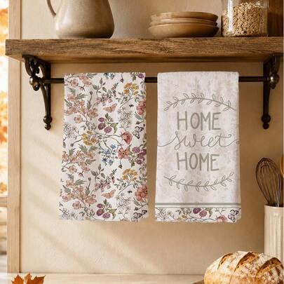 MEMNUN 2 Pcs Vintage Floral Butterfly Home Sweet Home Text Pattern Kitchen Towels 40*60cm/45*70cm Soft Microfiber Material Dish Cloth Scouring Pad Hand Towel Kitchen Bathroom Daily Home Decor Ideal For Kitchen & Dining Room Decor All Seasons