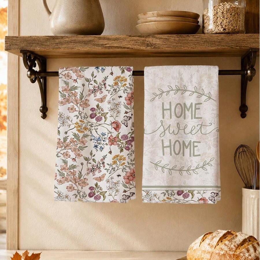 MEMNUN 2 Pcs Vintage Floral Butterfly Home Sweet Home Text Pattern Kitchen Towels 40*60cm/45*70cm Soft Microfiber Material Dish Cloth Scouring Pad Hand Towel Kitchen Bathroom Daily Home Decor Ideal For Kitchen & Dining Room Decor All Seasons - Multicolor - View 1