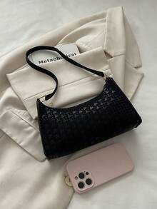 1pc Black Solid Color PU Baguette Shoulder Bag For Women - Black - View 4