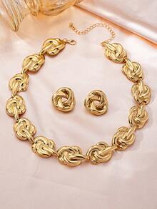 1 Set Fashion Minimalist Unique Elegant Versatile Premium Metal Style Women's Necklace & Earrings Jewelry Set, Suitable For Office And Other Occasions - Yellow Gold - View 5
