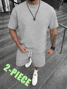 Father's Day Gift, Men's New Summer Jacquard Set, Men's Casual Sports Set, Versatile Short Sleeve Shorts Two Pieces Set, Student Short Sleeve Set - Light Grey - View 1