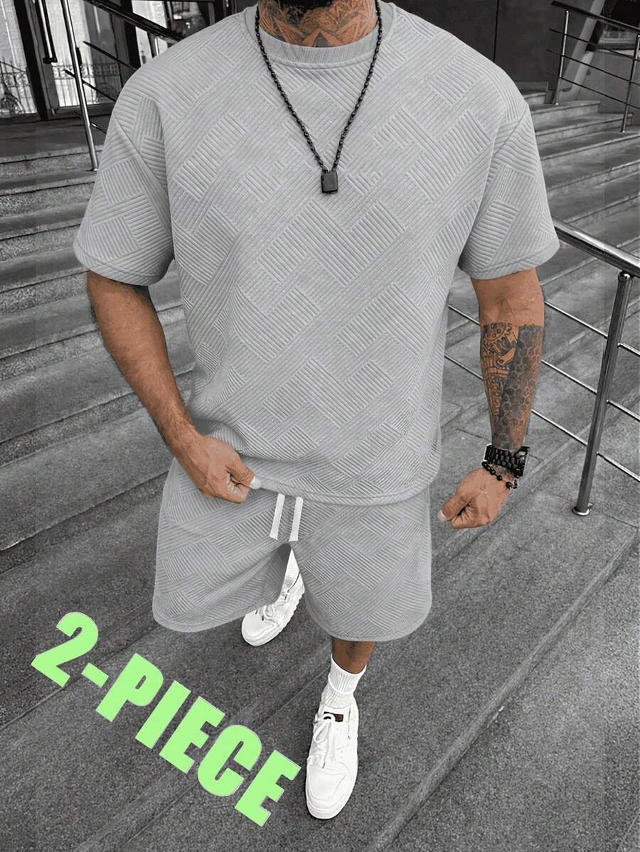 Father's Day Gift, Men's New Summer Jacquard Set, Men's Casual Sports Set, Versatile Short Sleeve Shorts Two Pieces Set, Student Short Sleeve Set - Light Grey - View 1