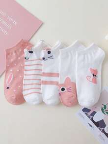 5 Pairs Pink Cartoon Cat Casual Versatile Short Socks - Multicolor - View 7