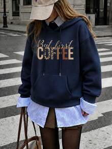 Sweatshirt Wanita Warna Navy, Tapi Pertama Kopi, Sweatshirt Kasual Oversized dengan Grafis Huruf Leopard untuk Musim Gugur - Navy Blue - View 6
