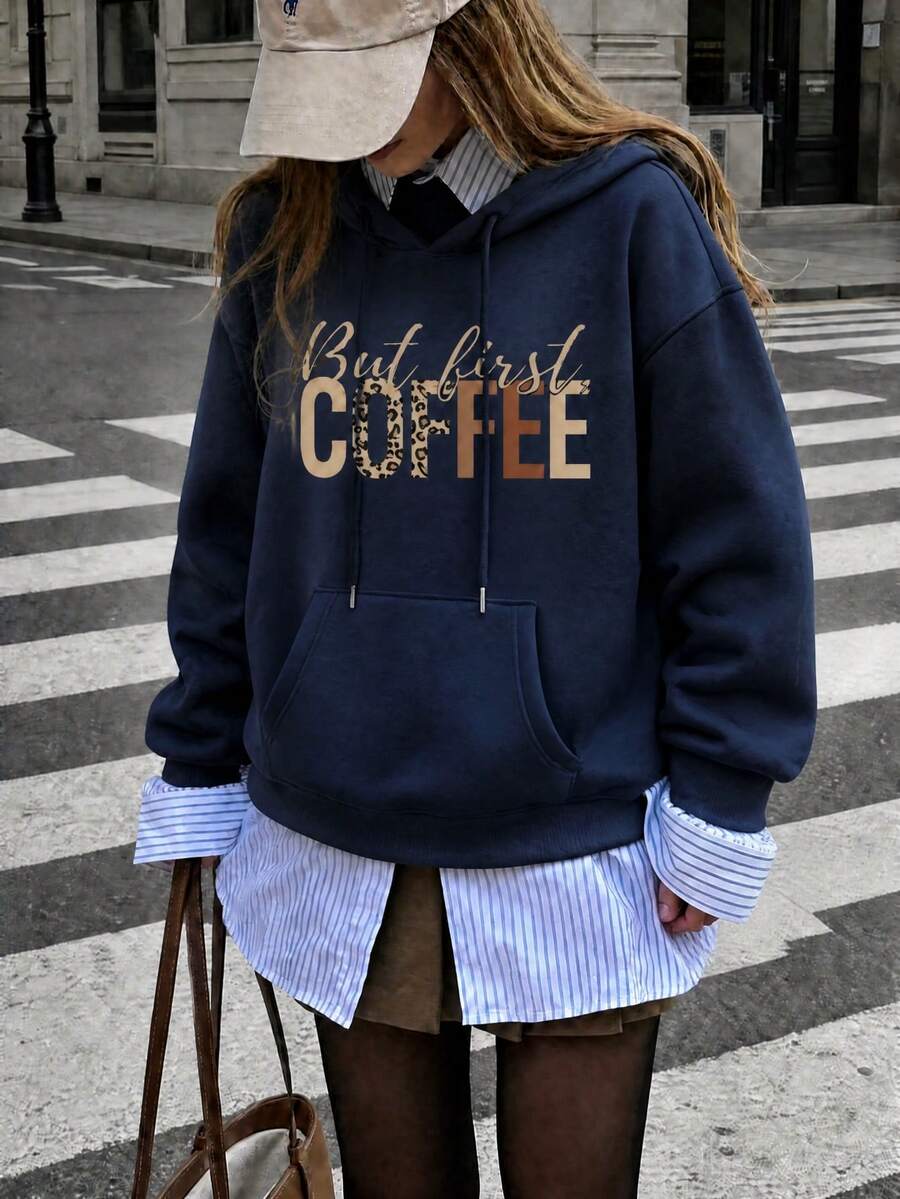 Women Navy Sweatshirt, But First Coffee Leopard Letter Graphic Oversized Casual Hooded Sweatshirt Fall - Navy Blue - View 1
