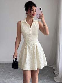 Women's Summer White Collared Half-Button Sleeveless A-Line Dress - Apricot - View 1