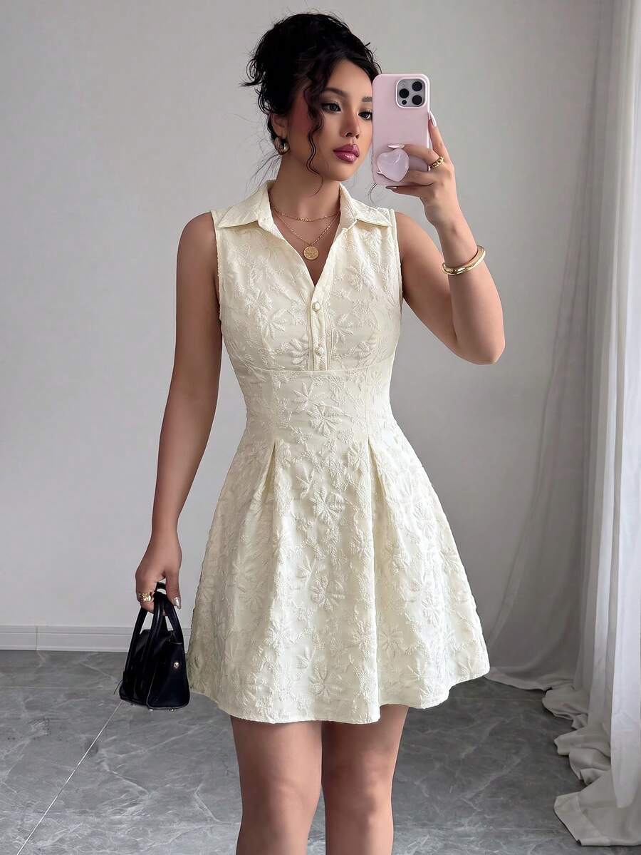 Women's Summer White Collared Half-Button Sleeveless A-Line Dress - Apricot - View 1