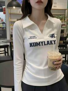 Hot Girl Style Lapel V-Neck Long Sleeve Base Layer Top With Side Drawstring Ruched Design And Niche Letter Print Cropped Blouse Casual White - White - View 1