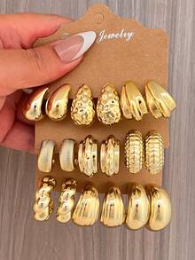 6-18pcs Creative & Mixed Shape Earring Set, Suitable For Women All Year Round - Yellow Gold - View 1
