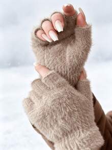 1 Pair Of Women's Open Finger Knitted Plush Gloves, Suitable For Winter Travel Essential Warmth, Used For Daily Office Writing - One Size - View 1