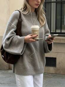 Women's Loose Drop Shoulder Round Neck Knit Sweater, Long Sleeve Solid Grey Oversized Casual Everyday Pullover - Grey - View 9