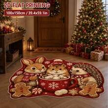 Flat Printed Bath Mat Bathroom Rug, 1pc 850GSM Non-Slip Mat, Velvet Surface With Dotted Plastic Backing, Christmas Rabbit Hamster Hedgehog Snowman Hot Cocoa Gingerbread Snowflake Pattern Printed Rug, Suitable For Porch, Bathroom, Christmas Decor, Home Decor, Cute Animal Shaped Living Room Rug, Dirt-Resistant, Skin-Friendly, Soft, Balcony, Bedroom Floor Mat - C - View 3
