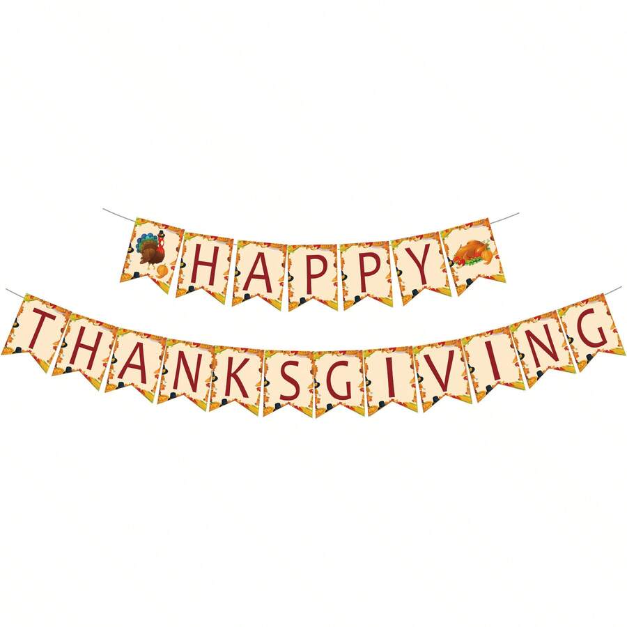 1 Set Happy Thanksgiving Banner, Paper Triangle Flags With Turkey And Autumn Harvest Pattern, Autumn Theme Hanging Decoration, Indoor And Outdoor Wall Decor, Suitable For Thanksgiving Party, Family Gathering, Photo Backdrop Props - View 1
