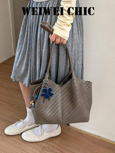 Fresh Grey Woven Texture Handbag V-Shaped Opening Design Flower Charm Decoration Lightweight Durable Casual Women's Shoulder Tote Bag