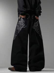Men's Black Jeans, Unique Back Pocket Embroidery, Minimalist Fashion Loose Wide Leg Pants, Versatile All Season Wear (Belt & Accessories Not Included) - Black - View 8