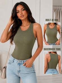 Top básico de punto acanalado con cuello redondo, ajustado, sin mangas, con sujetador incorporado, casual y elegante para el verano - Verde militar - Ver 6
