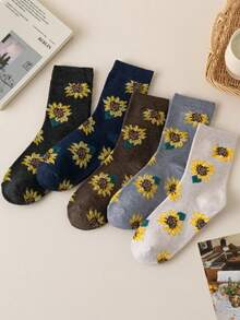 5 Pairs Japanese Style Sunflower Print Mid-Calf Socks For Women, Ins Vintage Floral Slouch Socks, Versatile Casual Breathable - Multicolor - View 1