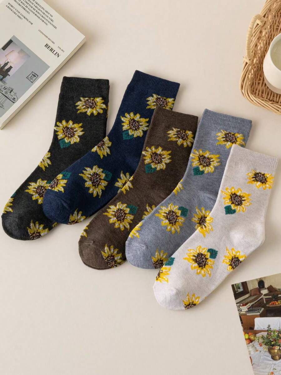 5 Pairs Japanese Style Sunflower Print Mid-Calf Socks For Women, Ins Vintage Floral Slouch Socks, Versatile Casual Breathable - Multicolor - View 1