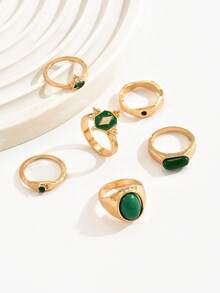 6pcs Emerald Green Luxury Elegant Versatile Stackable Crown Design High-End Rings For Women - Golden Yellow B - View 3