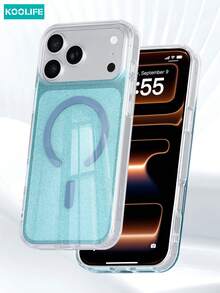 Koolife 1件裝藍色閃粉磁吸手機殼，2合1 PC+TPU 防震保護殼，透明邊框搭配閃亮亮粉，MagSafe 相容保護殼，適用於 iPhone 18 Pro/18 Pro Max/17/17 Pro/17 Pro Max/16/15/15 Pro - 遠峰藍 - 查看 2