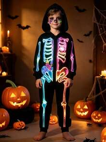 Girls Boys Scary Colorful Skeleton Skeleton Hooded Long Sleeve Costume Jumpsuit Halloween Cosplay Party Performance - Multicolor - View 3