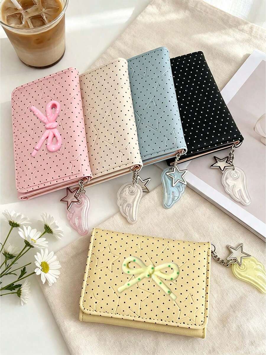 Cute Polka Dot 3-Fold Wallet With Bow Decor,Star Wing Charm,Portable Coin Purse & Card Holder,Compact Women's Short Purse,Daily Card Organizer - Multicolor - View 1