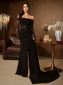 Elegant Black Long Sleeve Off-Shoulder Evening Gown With Contrast Lace And Slit Hem - Black - View 3