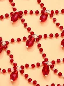 1pc New INS Style Water Drop Hair Chain Niche Design Mesh Headpiece Vintage Red Beads Hair Accessory - Silver - View 3