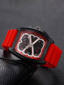 Men's Silicone Watch Classic Fashion Barrel-Shaped Personalized Gear Dial Handsome Sports Quartz Wristwatch (1pc/Set) Watch Box Not Included - Red - View 4
