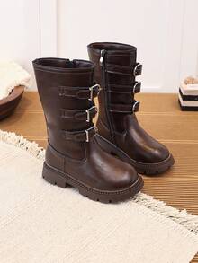 Girls' Brown Tall Riding Boots With Metal Buckle And Side Zipper, Warm Long Boots For Autumn/Winter - Brown - View 2