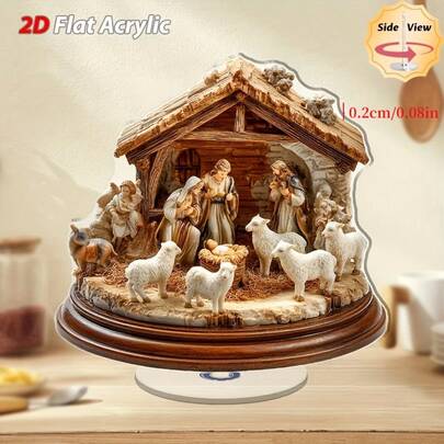 Mô hình cảnh Chúa giáng sinh 2D phẳng xoay 360°, 1 món, gồm Mary, Joseph, các mục tử và cừu, chuồng gia súc tích hợp mái vòm đen, acrylic bền dùng trong nhà/ngoài trời